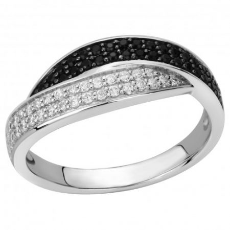 Bague Argent Rhodié Zirconium Noir et Blanc Entrelacé