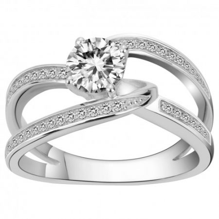 Bague Argent Rhodié Zirconium Solitaire Accompagnée