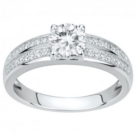 Bague Argent Rhodié Zirconium Solitaire Accompagnée