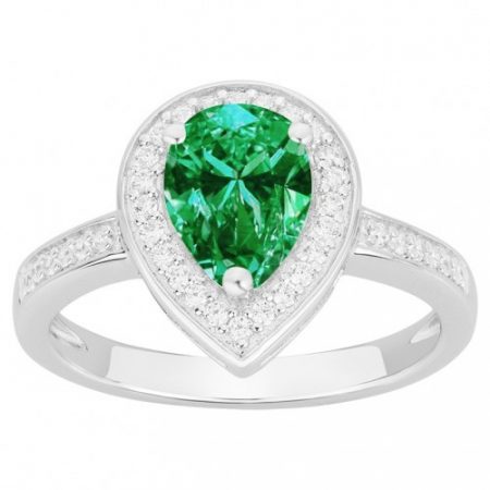 Bague Argent Rhodié Zirconium Spinelle Verte Goutte