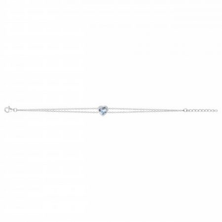 Bracelet Argent Rhodié Zirconium Double Chaine Cœur Bleu